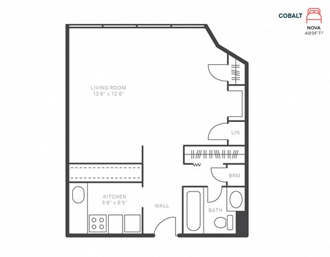 Floor plan for studio, 1 bath, 489 sqft
